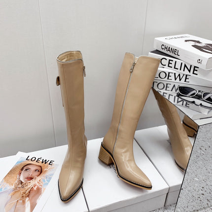 JIMMY CHOO 26S KNEE HIGH BOOTS 55 MM IN BEIGE PATENT CALFSKIN