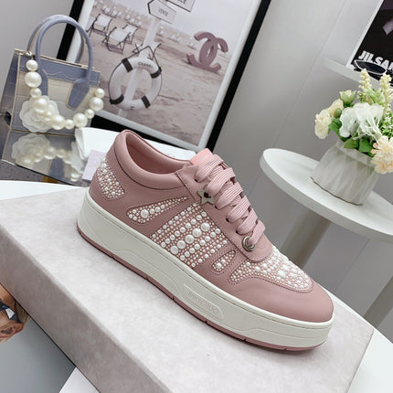 JIMMY CHOO 26S SNEAKERS IN PASTEL PINK CALFSKIN PEARL EMBELLISHED