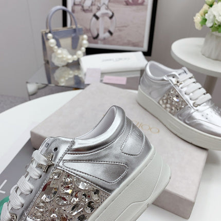 JIMMY CHOO 26S SNEAKERS IN SILVER CALFSKIN CRYSTAL EMBELLISHED