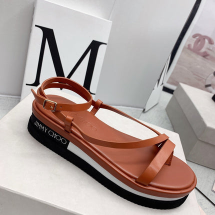 JIMMY CHOO 26S FLATFORM SANDALS 50 MM IN COGNAC BROWN CALFSKIN