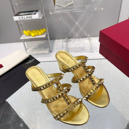 VALENTINO 26S ROCKSTUD STRAPPY BLOCK HEEL SLIDE SANDALS IN GOLD CALFSKIN