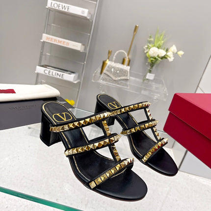 VALENTINO 26S ROCKSTUD STRAPPY BLOCK HEEL SLIDE SANDALS IN BLACK CALFSKIN GOLD HARDWARE