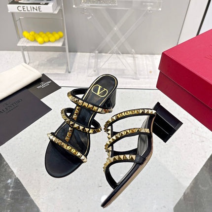VALENTINO 26S ROCKSTUD STRAPPY BLOCK HEEL SLIDE SANDALS IN BLACK CALFSKIN GOLD HARDWARE