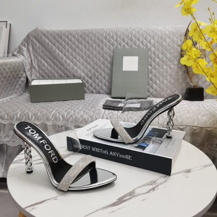 CRYSTAL HIGH HEEL MULE 10 CM IN SILVER LAMBSKIN