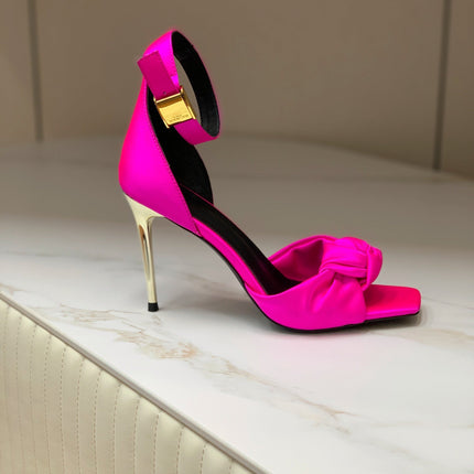 BALMAIN 25S KNOTTED HIGH HEELS 95MM IN NEON PINK SATIN