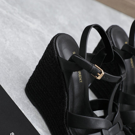 YSL TRIBUTE ESPADRILLE WEDGE SANDALS 105MM IN BLACK CALFSKIN