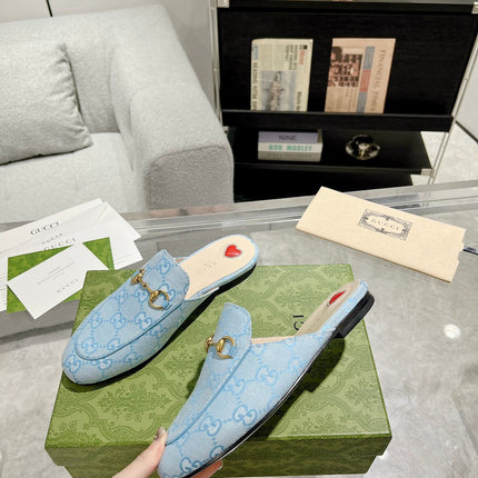 MEN'S MULE WITH HORSEBIT IN LIGHT BLUE MONOGRAM JACQUARD FABRIC