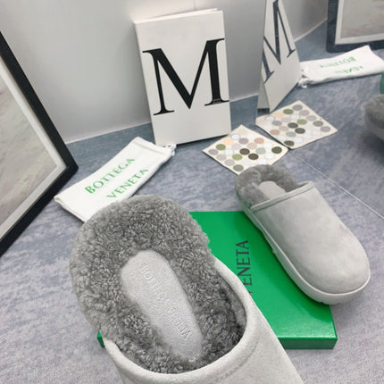 BOTTEGA VENETA 26S FUR-LINED MULES IN LIGHT GREY SUEDE