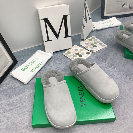 BOTTEGA VENETA 26S FUR-LINED MULES IN LIGHT GREY SUEDE