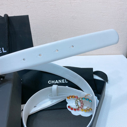 CC BELT 30 MM IN WHITE CALFSKIN WITH COLORFUL RHINSTONES METAL LOGO