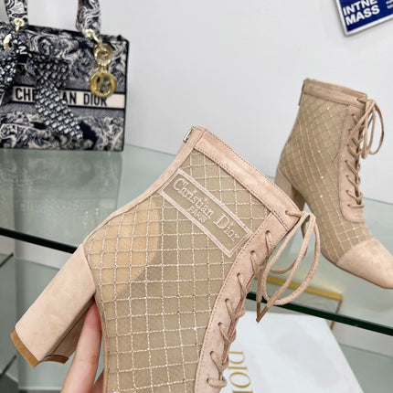 NAUGHTILY-D HEELED ANKLE BOOT IN BISQUE BEIGE EMBROIDERED MESH AND SUEDE 8 CM