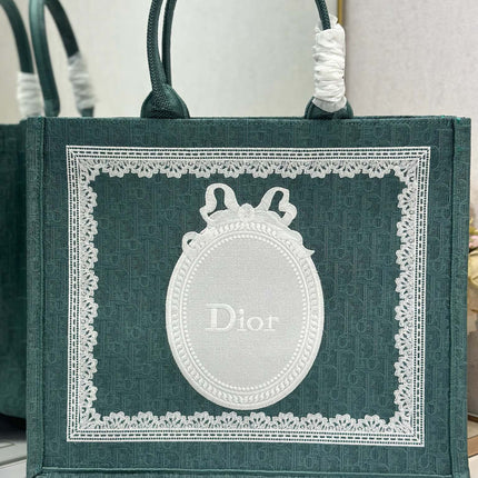 DIOR 26S BOOK TOTE BAG 42 IN TEAL GREEN AND WHITE BAYADERE FABRIC