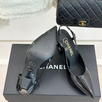 CHANEL 26S SLINGBACK IN BLACK CALFSKIN PATENT WITH BLOCK HEEL