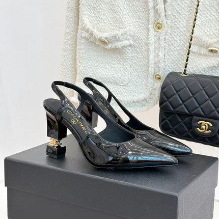 CHANEL 26S SLINGBACK IN BLACK CALFSKIN PATENT WITH BLOCK HEEL