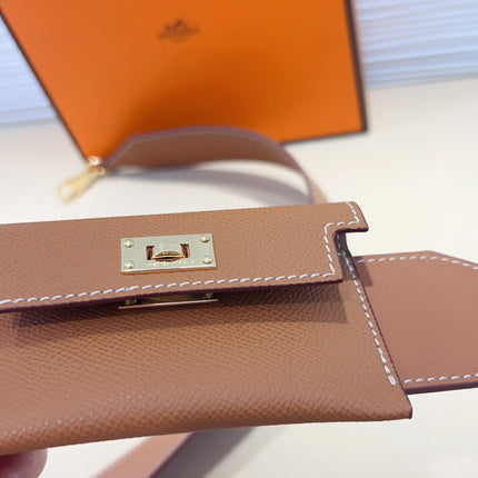 HM KELLY PURSE STRAP IN BROWN CALFSKIN WITH MINI POUCH GOLD HARDWARE