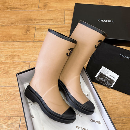 CHANEL 26S RAIN BOOT IN BEIGE AND BLACK COLOR