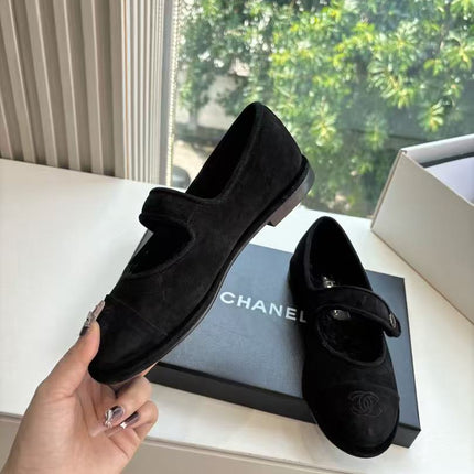 CHANEL 26S MARY JANE FLATS IN BLACK SUEDE