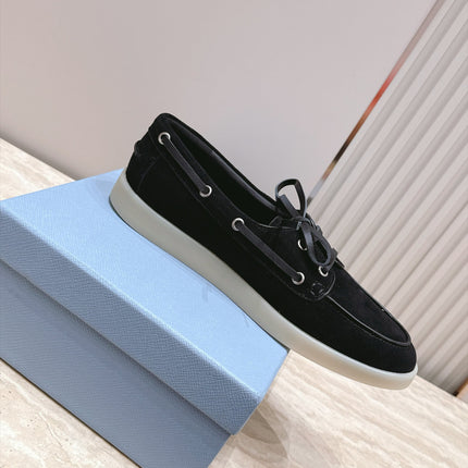 PRADA 26S LACE UP BOAT SHOES IN BLACK SUEDE WITH LACES