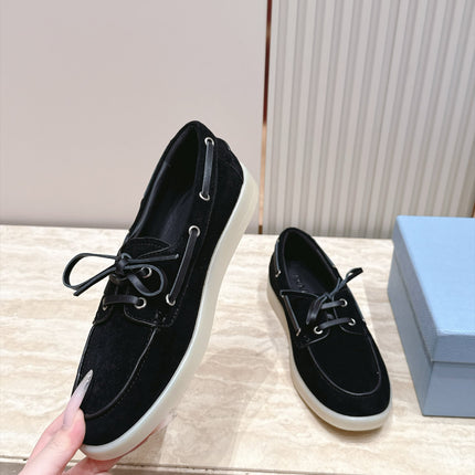 PRADA 26S LACE UP BOAT SHOES IN BLACK SUEDE WITH LACES