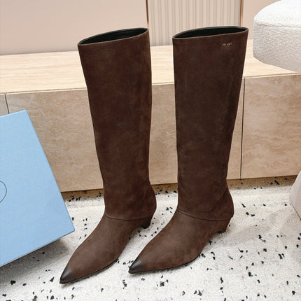 PRADA 26S POINTED TOE KNEE HIGH BOOTS 30MM IN DARK BROWN CALFSKIN