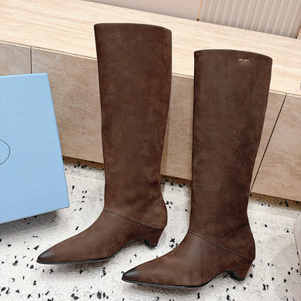 PRADA 26S POINTED TOE KNEE HIGH BOOTS 30MM IN DARK BROWN CALFSKIN