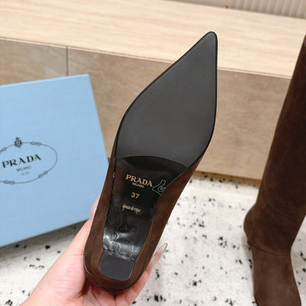 PRADA 26S POINTED TOE KNEE HIGH BOOTS 30MM IN DARK BROWN CALFSKIN