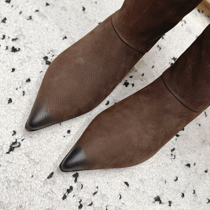 PRADA 26S POINTED TOE KNEE HIGH BOOTS 30MM IN DARK BROWN CALFSKIN