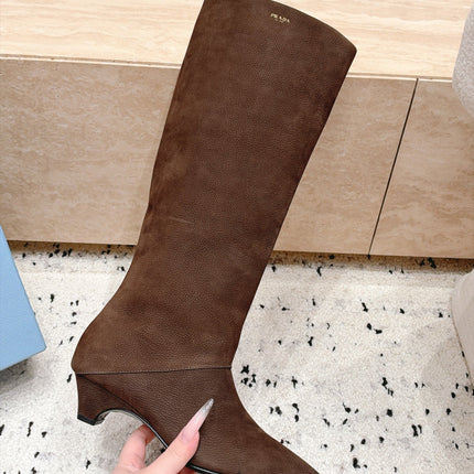 PRADA 26S POINTED TOE KNEE HIGH BOOTS 30MM IN DARK BROWN CALFSKIN