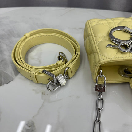 DIOR 26S MINI LADY D-JOY BAG 19 IN MIMOSA YELLOW CANNAGE LAMBSKIN SILVER HARDWARE