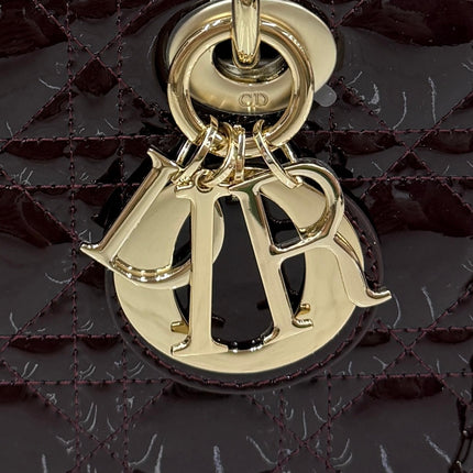 DIOR 26S MEDIUM LADY D-JOY MICRO BAG 26 IN BURGUNDY RED PATENT CANNAGE CALFSKIN GOLD HARDWARE
