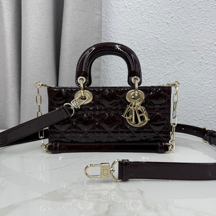 DIOR 26S MEDIUM LADY D-JOY MICRO BAG 22 IN BURGUNDY RED PATENT CANNAGE CALFSKIN GOLD HARDWARE