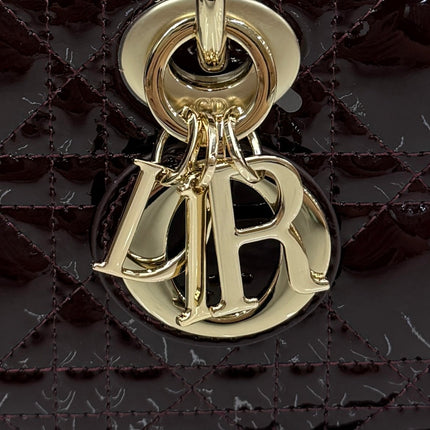 DIOR 26S MEDIUM LADY D-JOY MICRO BAG 22 IN BURGUNDY RED PATENT CANNAGE CALFSKIN GOLD HARDWARE