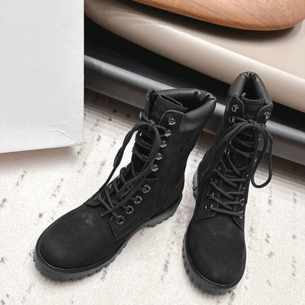CELINE 26S LACE UP KNEE HIGH BOOTS 40 MM IN BLACK SUEDE AND CALFSKIN