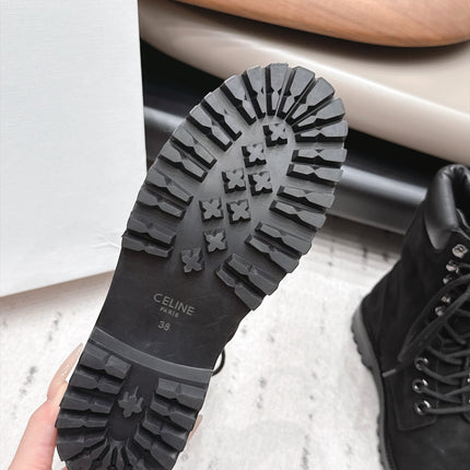 CELINE 26S LACE UP KNEE HIGH BOOTS 40 MM IN BLACK SUEDE AND CALFSKIN