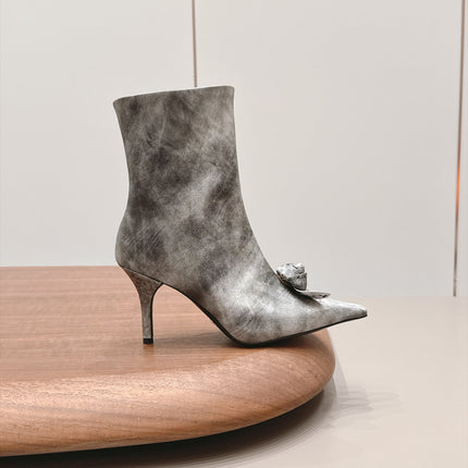 PRADA 26S POINTED TOE HEEL ANKLE BOOTS 75MM IN GRAY CALFSKIN WITH FLORAL