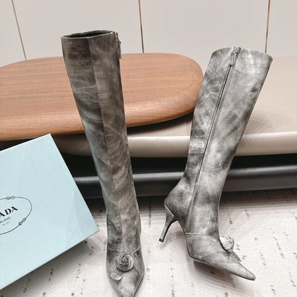PRADA 26S POINTED TOE HEEL KNEE HIGH BOOTS 75MM IN GRAY CALFSKIN WITH FLORAL