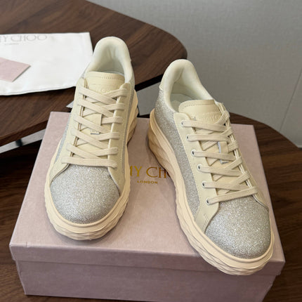 JIMMY CHOO 26S SNEAKERS IN CREAM WHITE LEATHER AND SILVER GLITTER