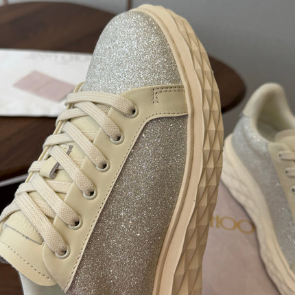 JIMMY CHOO 26S SNEAKERS IN CREAM WHITE LEATHER AND SILVER GLITTER
