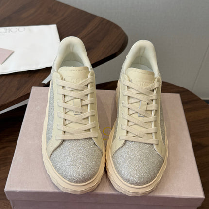 JIMMY CHOO 26S SNEAKERS IN CREAM WHITE LEATHER AND SILVER GLITTER