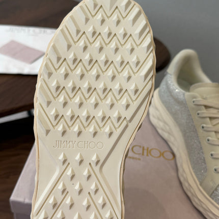 JIMMY CHOO 26S SNEAKERS IN CREAM WHITE LEATHER AND SILVER GLITTER