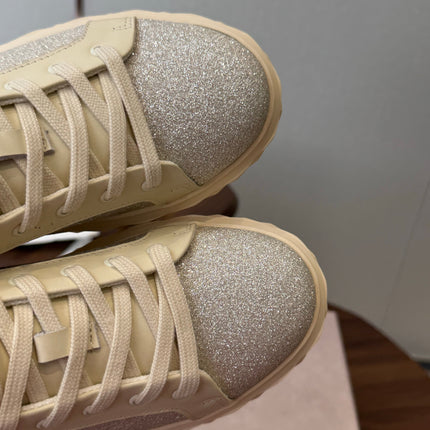 JIMMY CHOO 26S SNEAKERS IN CREAM WHITE LEATHER AND SILVER GLITTER