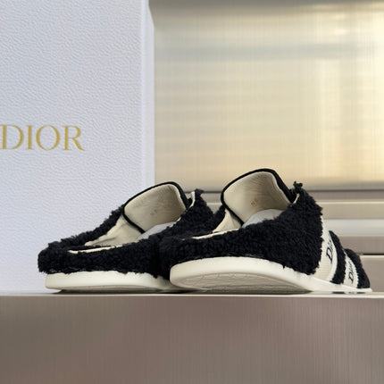 DIOR 26S BACKLESS SLIP ON SNEAKERS IN BLACK TEDDY FABRIC AND SUEDE WITH WHITE LOGO STRIPES