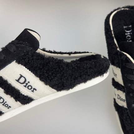 DIOR 26S BACKLESS SLIP ON SNEAKERS IN BLACK TEDDY FABRIC AND SUEDE WITH WHITE LOGO STRIPES