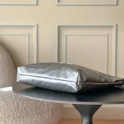 CHANEL 26S 22 BAG 42 IN METALLIC SILVER QUILTED SHINY CALFSKIN