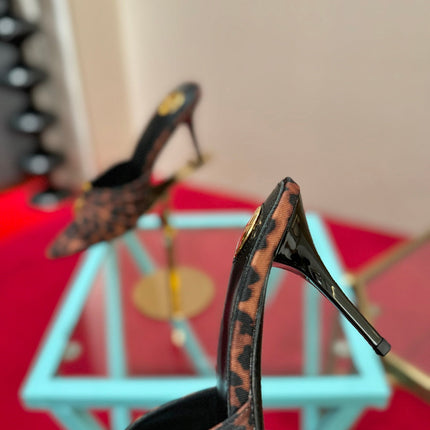 YSL 26S BABYLONE POINTED TOE HIGH HEELS 100 MM IN LEOPARD PRINT DENIM