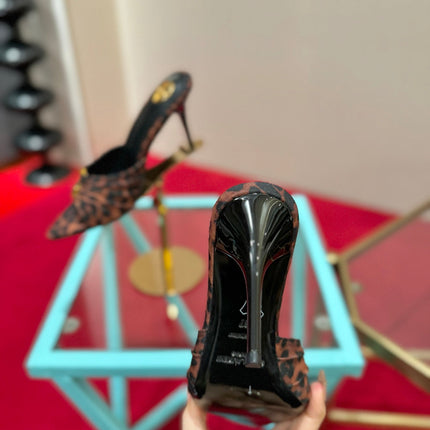 YSL 26S BABYLONE POINTED TOE HIGH HEELS 100 MM IN LEOPARD PRINT DENIM
