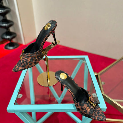 YSL 26S BABYLONE POINTED TOE HIGH HEELS 100 MM IN LEOPARD PRINT DENIM