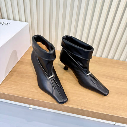 LOEWE 26S SQUARE TOE FOLD OVER ANKLE BOOTS IN BLACK CALFSKIN SILVER HARDWARE