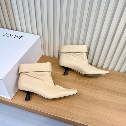 LOEWE 26S SQUARE TOE FOLD OVER ANKLE BOOTS IN LIGHT BEIGE CALFSKIN SILVER HARDWARE