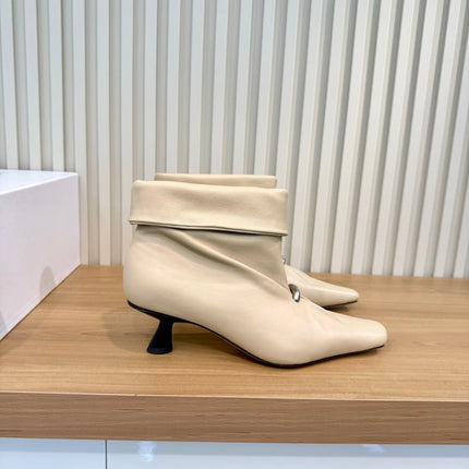 LOEWE 26S SQUARE TOE FOLD OVER ANKLE BOOTS IN LIGHT BEIGE CALFSKIN SILVER HARDWARE